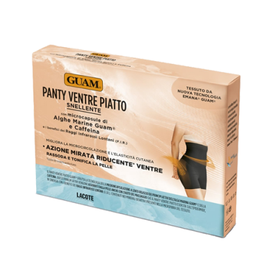 Embalagem bege e azul do produto GUAM PANTY VENTRE PIATTO com meia-calça preta modeladora