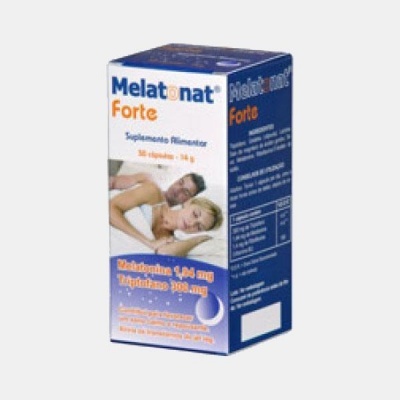 Caixa do suplemento alimentar Melatonin Forte azul e branca com texto e imagem de casal