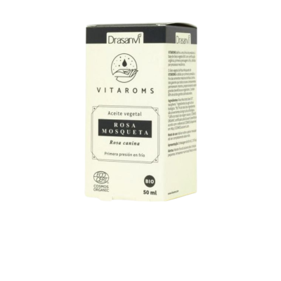Caixa branca e preta de óleo vegetal de rosa mosqueta Drasanvi Vitaroms 50 ml