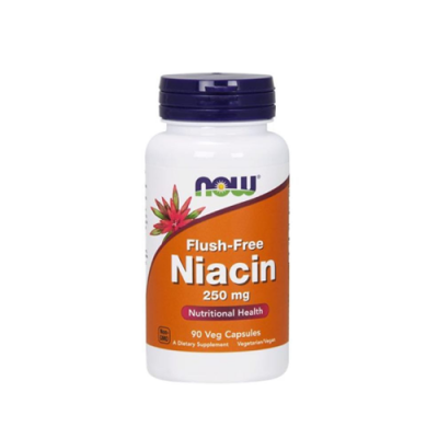 Frasco branco de suplemento Niacin Flush-Free 250 mg com tampa azul escura e rótulo laranja da marca NOW
