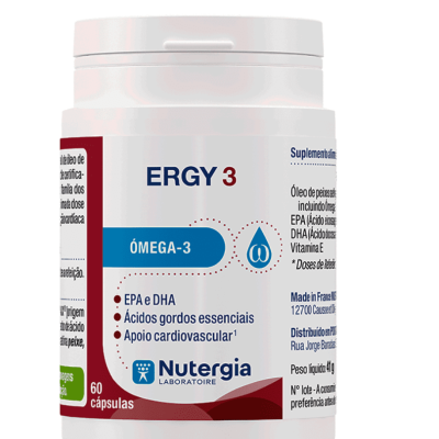 Frasco branco de suplemento Nutergia ERGY 3 com rótulo azul e vermelho
