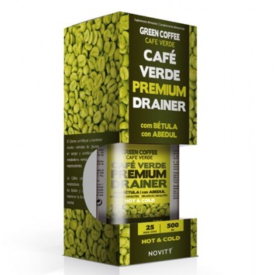 Embalagem de suplemento de café verde premium drainer com cápsulas, verde com grãos de café e texto explicativo