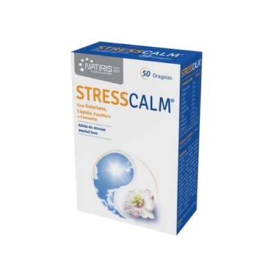 Caixa do suplemento StressCalm com 50 drageias, texto e imagem de cabeça azul e flor branca.