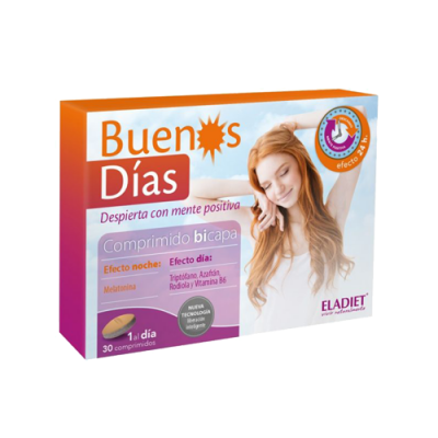 Caixa de comprimidos Buenos Días com ingredientes e indicação de uso