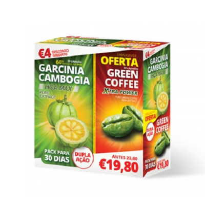 Embalagem de suplemento Garcinia Cambogia e Green Coffee com texto promocional