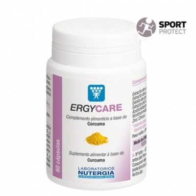 Frasco branco de suplemento alimentar ERGYCARE com rótulo roxo e azul, pó de cúrcuma desenhado, e texto informativo.