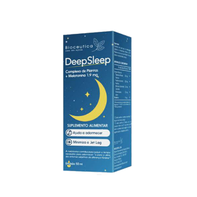 Embalagem do suplemento DeepSleep azul com lua amarela e texto em branco e amarelo
