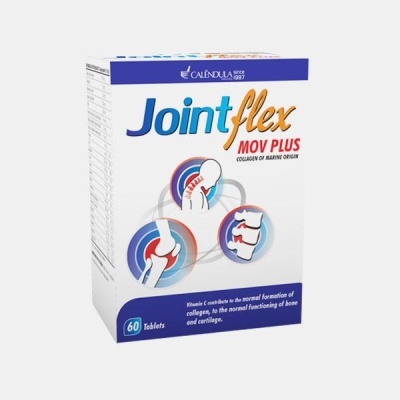Embalagem de suplemento Jointflex MOV PLUS com 60 comprimidos e ilustrações de articulações