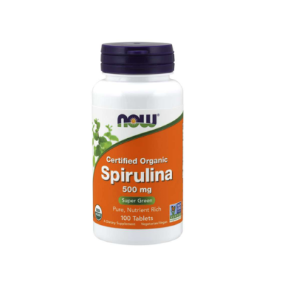Frasco de suplemento Spirulina certificado orgânico da NOW com rótulo laranja e verde