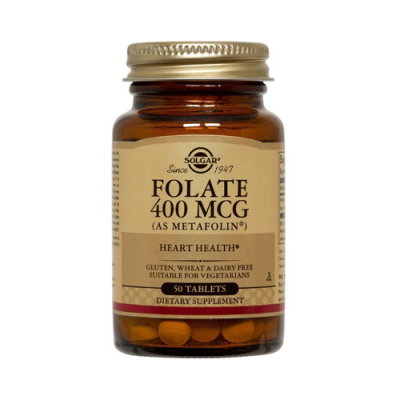 Frasco de suplemento alimentar FOLATE 400 MCG da Solgar, 50 comprimidos