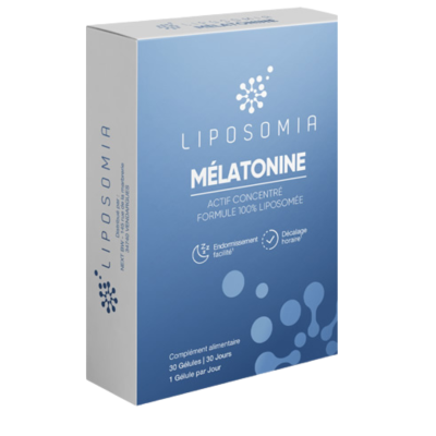 Caixa azul e branca de suplemento Liposomia Mélatonine