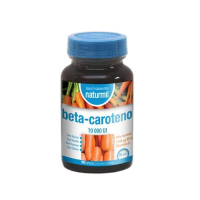 Frasco de suplemento beta-caroteno naturmil com rótulo e tampa azul