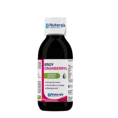 Frasco de suplemento Nutergia ERGY CRANBERRYL 240 ml com rótulo branco rosa verde azul