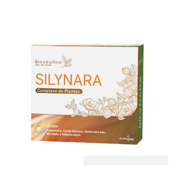 Embalagem de suplemento alimentar SILYNARA com design branco e castanho e texto informativo