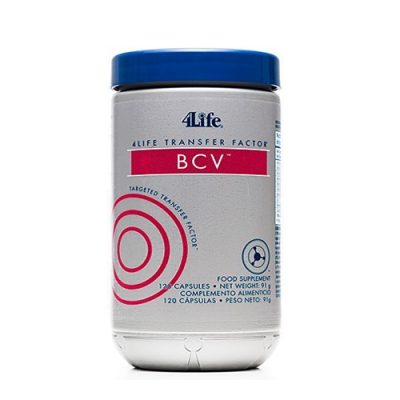 Frasco de suplemento 4Life Transfer Factor BCV com rótulo cinza e tampa azul