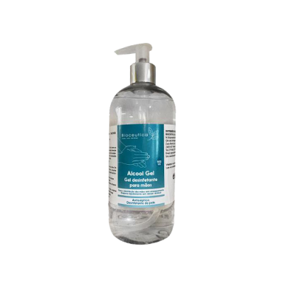 Frasco de álcool gel desinfetante para mãos com etiqueta azul e branca