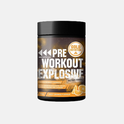 Suplemento pré-treino 'Pre Workout Explosive' sabor laranja em embalagem preta