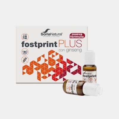 Frascos de fostprint PLUS e caixa do produto com desenho geométrico laranja e vermelho