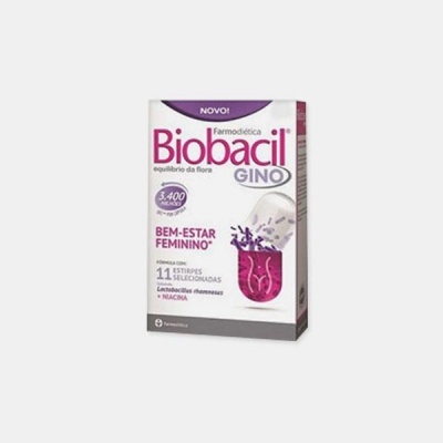Embalagem do produto Biobacil Gino para bem-estar feminino em roxo e branco
