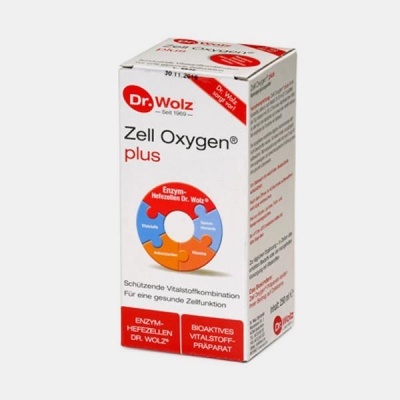 Embalagem branca do suplemento Zell Oxygen plus da marca Dr. Wolz, com gráfico circular colorido e texto em alemão.