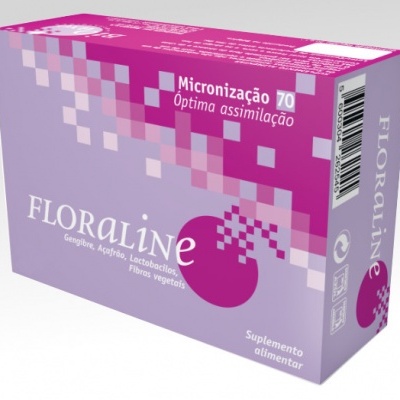 Caixa de suplemento alimentar Floraline em lilás e rosa com texto e padrão pixelado