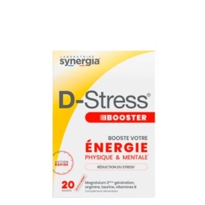 Embalagem do suplemento Synergia D-Stress Booster para energia física e mental e redução do stress