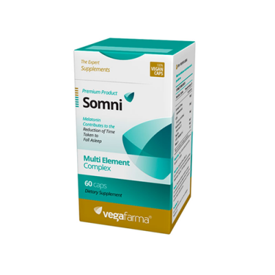 Caixa de suplemento dietético vegano Somni da VegaFarma em branco, verde e dourado