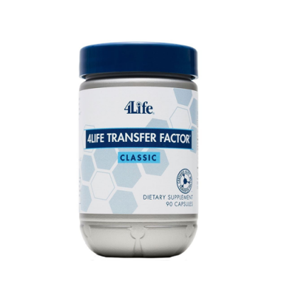 Frasco de suplemento alimentar 4Life Transfer Factor Classic com etiqueta branca e tampa azul