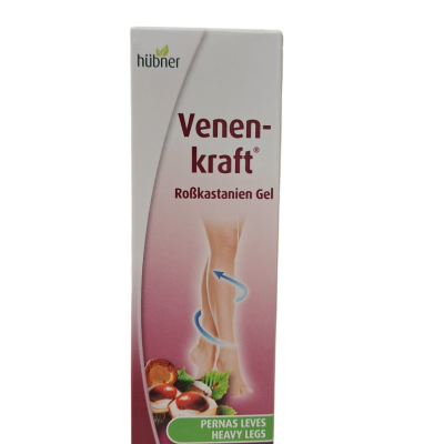 Embalagem de gel Venenkraft Roßkastanien com imagem de pernas e castanhas