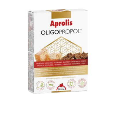 Embalagem branca do suplemento Aprolis Oligopropol com texto vermelho e dourado