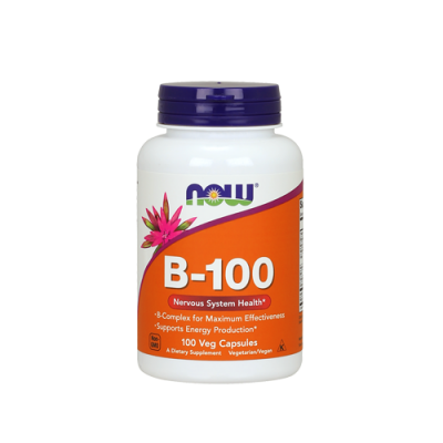 Frasco de suplemento NOW B-100 com rótulo laranja e branco e tampa roxa