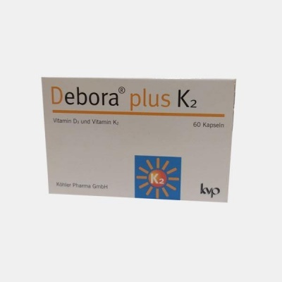 Embalagem branca de suplemento Debora plus K2 com texto e selo azul