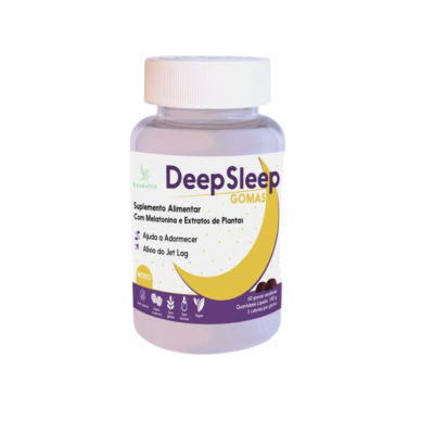 Frasco de suplemento DeepSleep GOMAS com rótulo branco e roxo