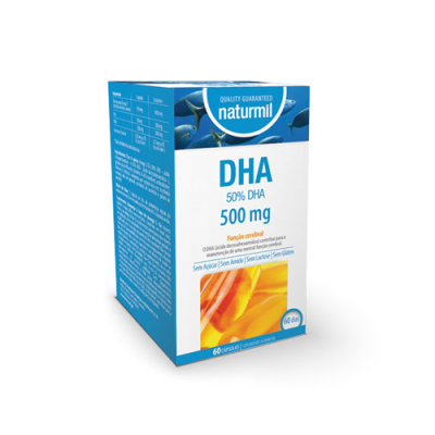 Caixa de suplemento Naturmil DHA 500 mg azul e branca