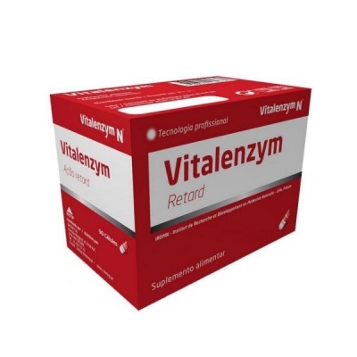 Embalagem vermelha e branca de suplemento Vitalenzym Retard