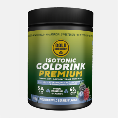 Recipiente de suplemento isotónico Gold Nutrition Isotonic Goldrink Premium sabor Mountain Wild Berries