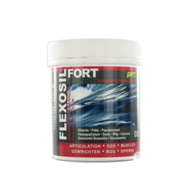Frasco de suplemento FLEXOSIL FORT com rótulo preto, vermelho e azul