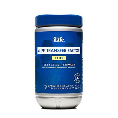 Frasco de suplemento alimentar 4Life Transfer Factor Plus azul e cinzento