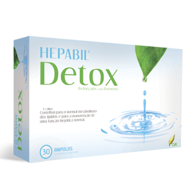 Embalagem Hepabil Detox suplemento alimentar 30 ampolas branca com texto azul e verde e imagem de folha com gota de água