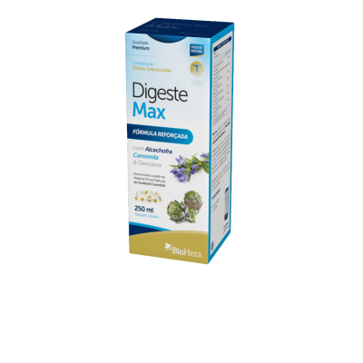 Embalagem de produto Digest Max com 250 ml da BioHera, cores branca azul e dourada