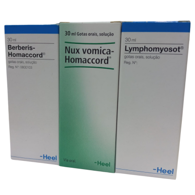 Três caixas de medicamentos líquidos orais Berberis-Homaccord, Nux vomica-Homaccord e Lymphomyosot da marca Heel