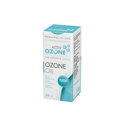 Caixa de óleo de ozono ACTIV OZONE OZONE OIL 20 ml em branco e azul.