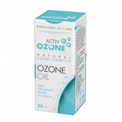 Embalagem branca e azul de óleo ozonizado ACTIV OZONE 20 ml