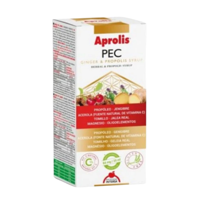 Embalagem branca e vermelha de xarope Aprolis PEC Ginger & Propolis com ingredientes listados e texto informativo.