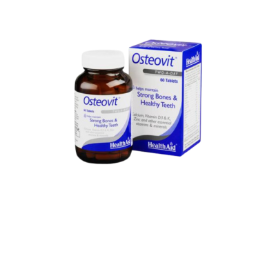 Frasco e caixa do suplemento Osteovit da HealthAid para ossos e dentes fortes