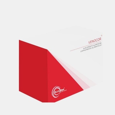Embalagem de suplemento alimentar Venocor em vermelho e branco com texto e logotipo.