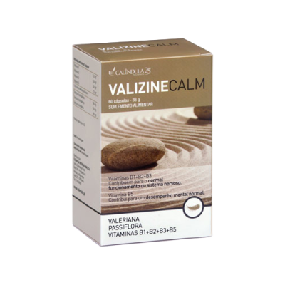 Caixa de suplemento VALZINE CALM com imagem de pedra e areia