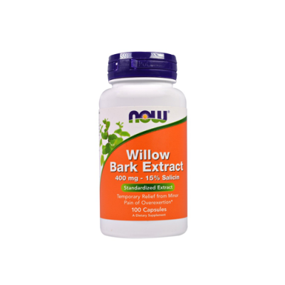 Frasco do suplemento Willow Bark Extract da NOW com rótulo laranja e tampa azul