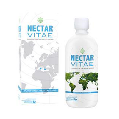 Embalagem e caixa do produto líquido Nectar Vitae com mapa-múndi