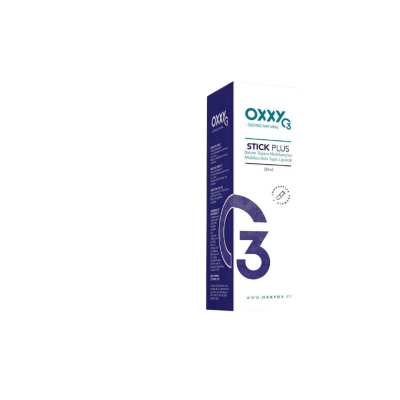 Embalagem de produto OXXY G3 STICK PLUS branco e azul com texto em verde